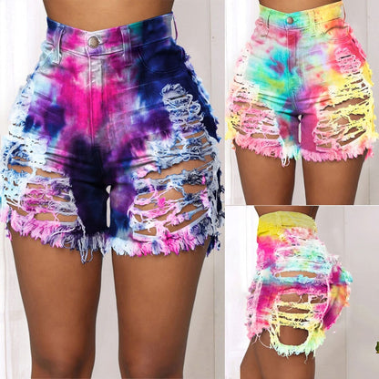 Women Fashion Ripped Tie Dye Denim Shorts