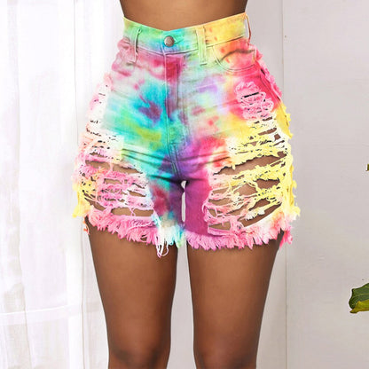 Women Fashion Ripped Tie Dye Denim Shorts