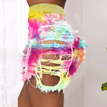 Women Fashion Ripped Tie Dye Denim Shorts